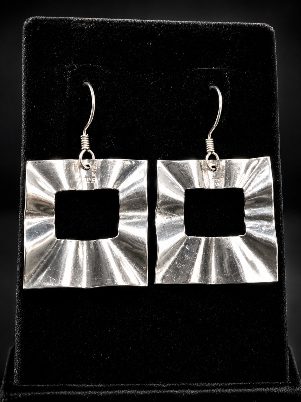 Vintage Mexico Sterling Silver Modernist Square Sunburst Earrings 14g